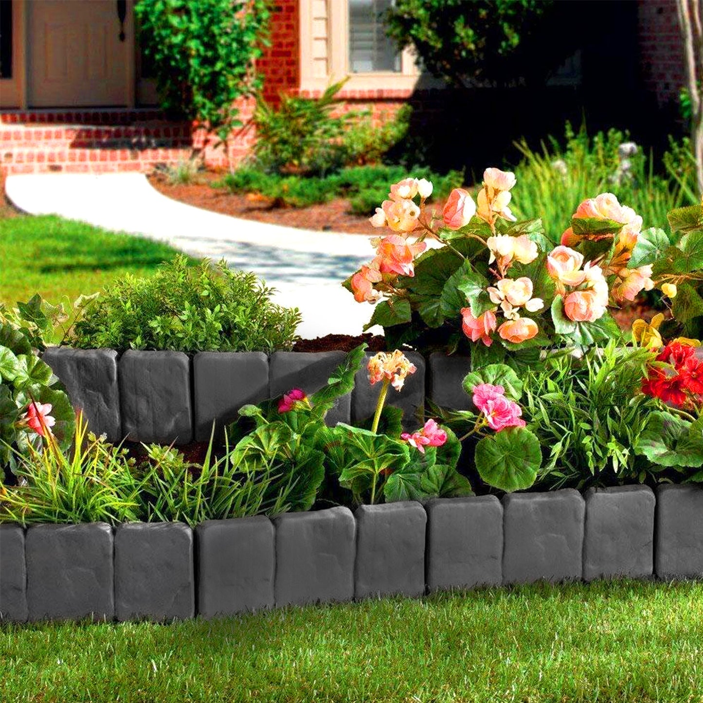 Lawn Edging Plastic Flower Bed Edging T-Shape Flower Bed Border Garden Palisade Garden Fencing with Pointed & Buckle, Flexible Extendable Easy to Install, for Garden Path Flower Bed Pavement Farm, Light Grey/ Anthracite(10pcs/20pcs, 2. 5m/ 5m)