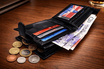 Mens Genuine Leather Wallet Black RFID Blocking Soft Bi Fold Card Slots Id Window and Zip Coin Pocket