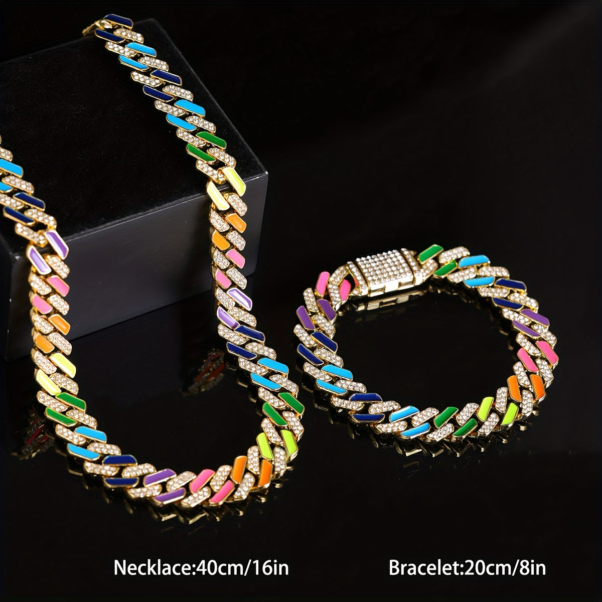 2pcs of Hip-Hop Fashion Style Colorful Oil Drop Spliced Innovative -Shaped Men'S Cuban Chain Fully Studded Necklace