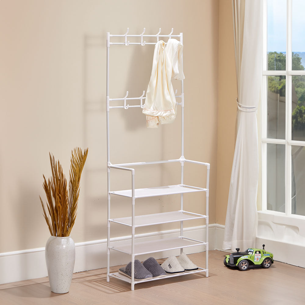 Metal Clothing Rail Rack, Multi Fucntional Coat Hat Stand With Shoe Rack Non Woven Fabric Shelves, Entryway Hall Tree with Bench and Shoe Storage Clothes Rack Hanging Rail Coat Hanger Home Freestanding Coat Rack Hanging Clothes Rack for Clothes, Coats, Sk