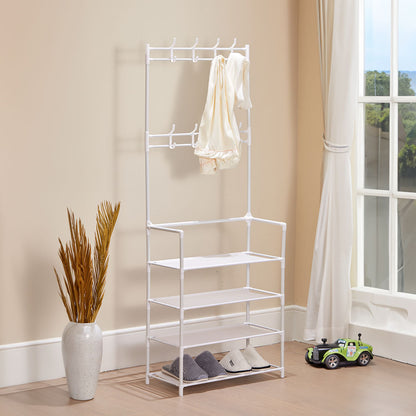 Metal Clothing Rail Rack, Multi Fucntional Coat Hat Stand With Shoe Rack Non Woven Fabric Shelves, Entryway Hall Tree with Bench and Shoe Storage Clothes Rack Hanging Rail Coat Hanger Home Freestanding Coat Rack Hanging Clothes Rack for Clothes, Coats, Sk