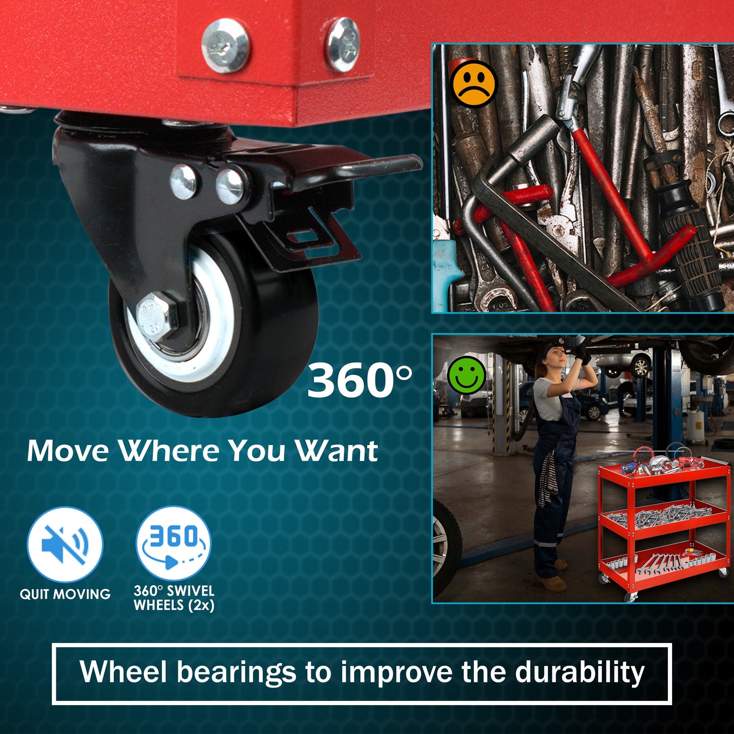 3-Tier Heavy Duty Tool Trolley Cart on Wheels – Workshop & Garage Service Cart with Drawer – Tool Storage Organiser with Lockable Wheels - Garage Tool Service Cart with Handle - Workshop DIY