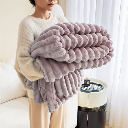 1pc Large Strips Ribbed Throw Blankets | Luxurious 270g Flannel Fleece Blanket | Warm Cozy Blanket Throws For Sofas, Bed, Chair, Couch, Settee | Super Soft Warm Blanket Single Double King Super King Size, Machine Washable, Easy Care, Perfect for Home, Tra