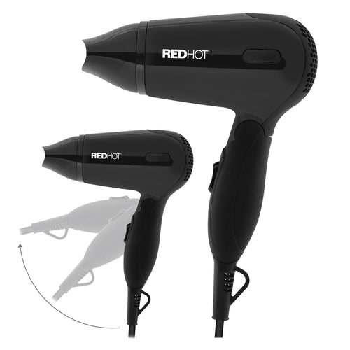 Red Hot 37079 1200W Travel Hair Dryer with Folding Handle/Dual Voltage / 2 Heat Settings/Compact & Lightweight/Black