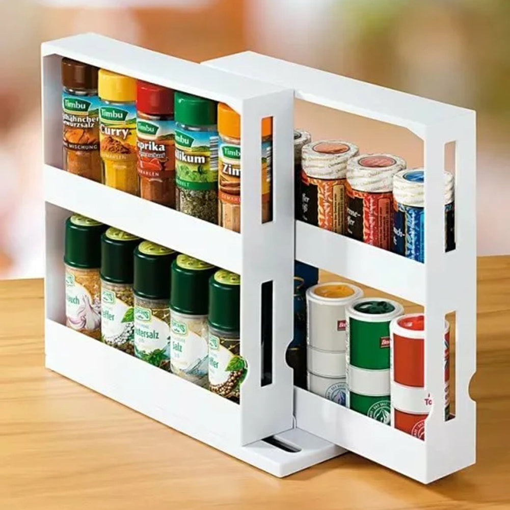 1 piece, double-layer rotating kitchen spice rack, plastic shelf, multi-purpose organizer for kitchen, pull-out cabinet and countertop storage for spice bottles and cans, space saving storage rack, white, size: 28 cm W x 10.2 cm D x 27.5 cm H