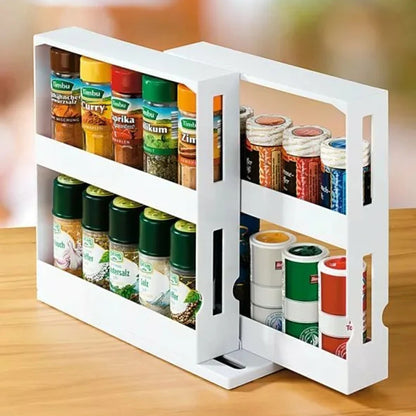 1 piece, double-layer rotating kitchen spice rack, plastic shelf, multi-purpose organizer for kitchen, pull-out cabinet and countertop storage for spice bottles and cans, space saving storage rack, white, size: 28 cm W x 10.2 cm D x 27.5 cm H