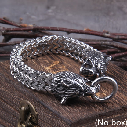 Never Fade Rock Viking Wolf Charm Bracelet Men'S 304 304 Stainless Steel Mesh Chain Silvery Color Wolf Punk Bracelets Biker Jewelry