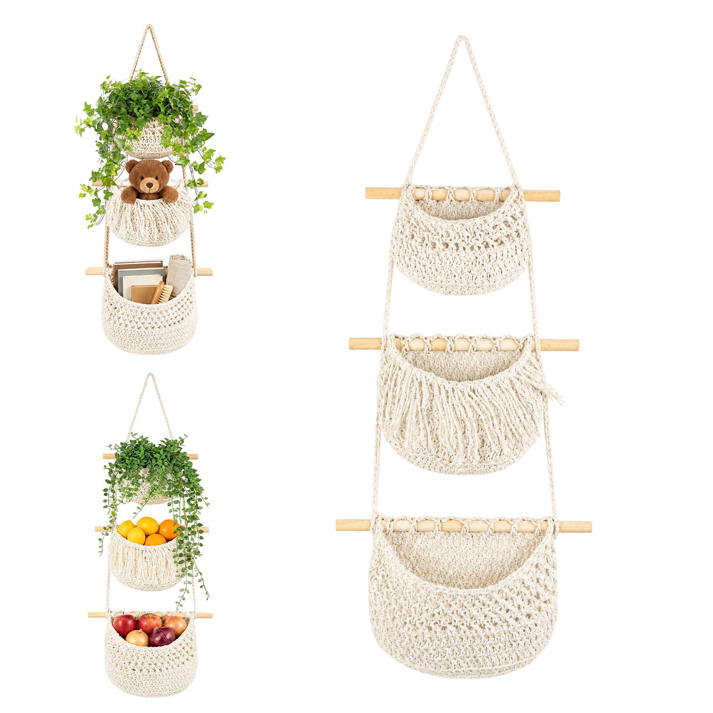 Boho Chic 3-Tier Wall Hanging Storage Basket - Handwoven Rope Organizer for Fruits, Vegetables & More - Easy Install, Versatile Home Decor, Storage Basket