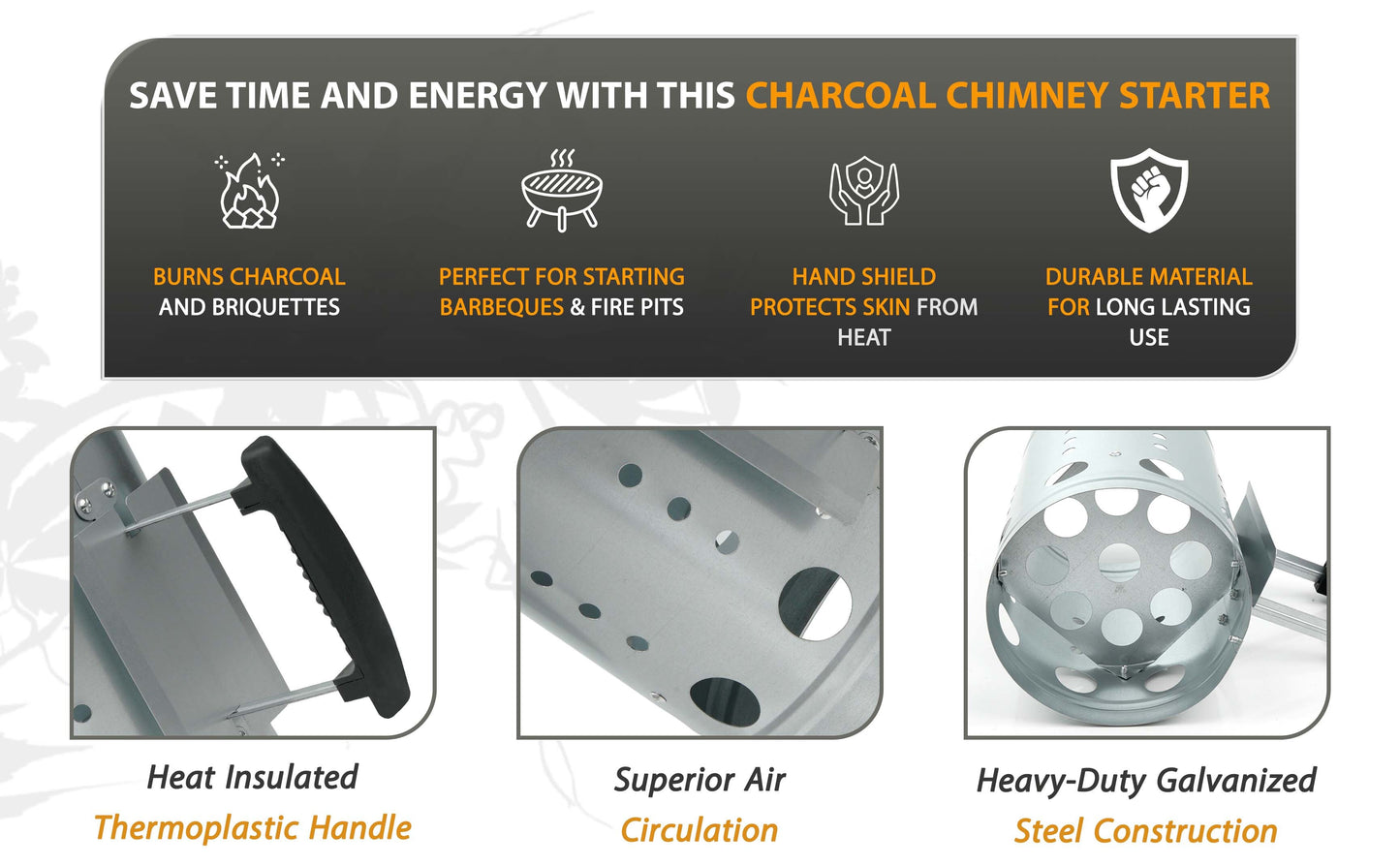 BBQ Chimney Starter – Charcoal Coal Starter & Food Lighter for Heavy Duty BBQ Grill, Coal Burner Kit with Heat-Resistant Handle – Quick Fire Starters for Barbecue, Camping & Outdoor Cooking