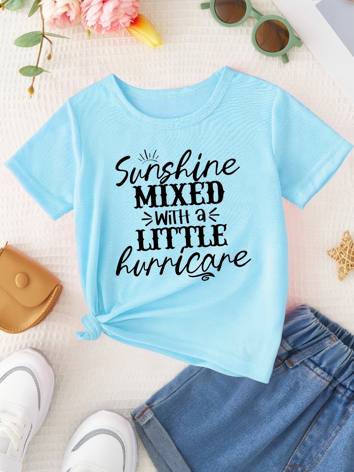 Girl Sunshine MIXED with a LITTLE Hurricane Simple Letter Print Short Sleeve Casual Versatile T-shirt