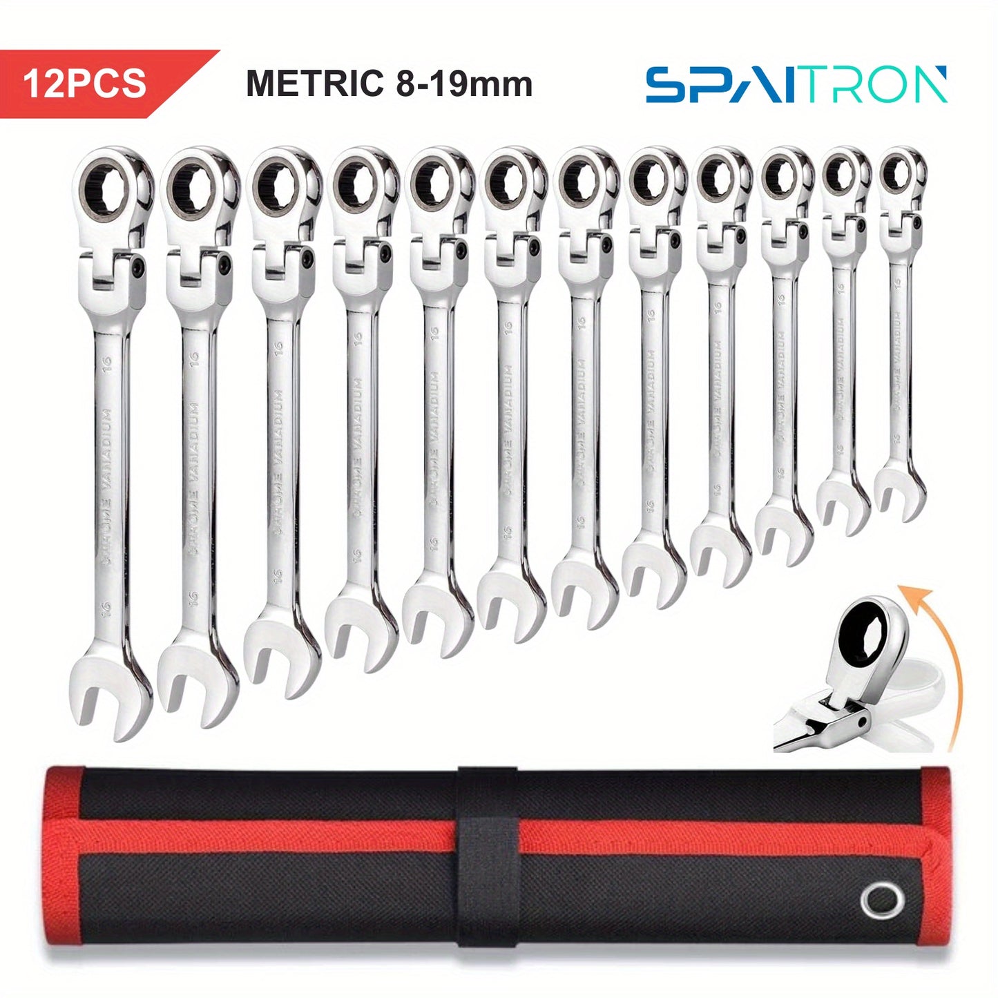 SPAITRON 12/8/6pcs 72Teeth Adjustable Head CR-V Ratchet Wrench Tool Set| 8-19mm& 1/4" to 13/16"| Mirror Polish Anti-Corrosion| for  Repair& Home DIY| W/Rolling Pouch Red Abrasion- Canvas Bag