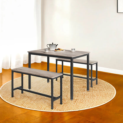 Dining Table with 2 Benches, Set of 3, Kitchen Table, 2 Dining Room Benches, Steel Frame