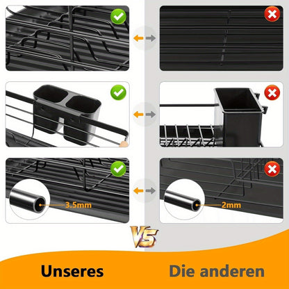 Dish Drainer Rack with Removable Drip Tray - Large Space Saving Kitchen Drying Rack for Plates, Bowls & Cutlery Metal Frame with Wooden Handles (BLACK)