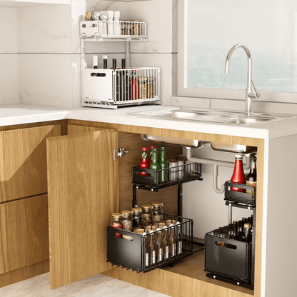 Metal 2- Tier Slide- Out Under Sink Organizer Basket - Heavy- Duty Pull- Out Storage Rack with Adjustable Height, Sliding Drawers- Space- Saving Kitchen Cabinet Organizer for Utensils, Spices, Cleaning Supplies - Home Organization