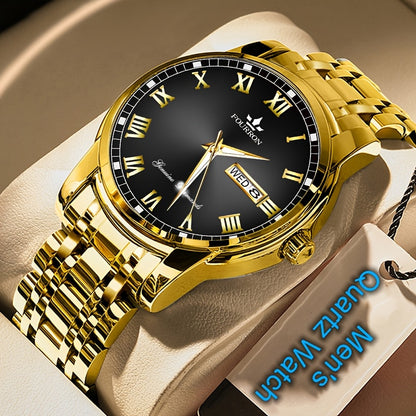 1pc FOURRON Brand New Trendy Fashion Men'S Quartz Watch Stainless Steel Strap with Day Date, Roman Numeral Disc Multi-Function Luminous Luxury Men'S Wristwatches, Friends And Relatives Birthday Gifts, Holiday Party Gifts Preferred Choice