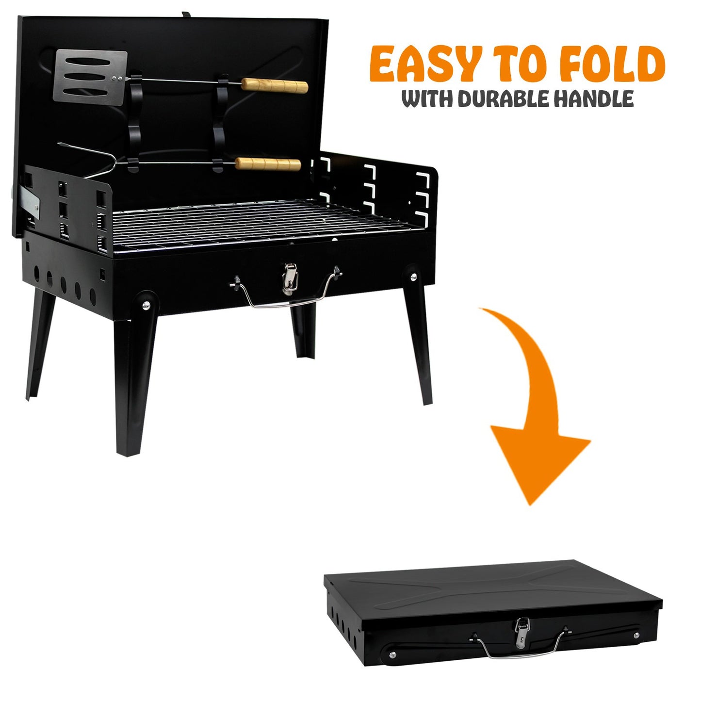 Portable BBQ Charcoal Grill - Folding Small Travel BBQ Grill with Tool Set - Mini Foldable Steel BBQ Grill for Camping, Garden, Picnic, Outdoor - Black