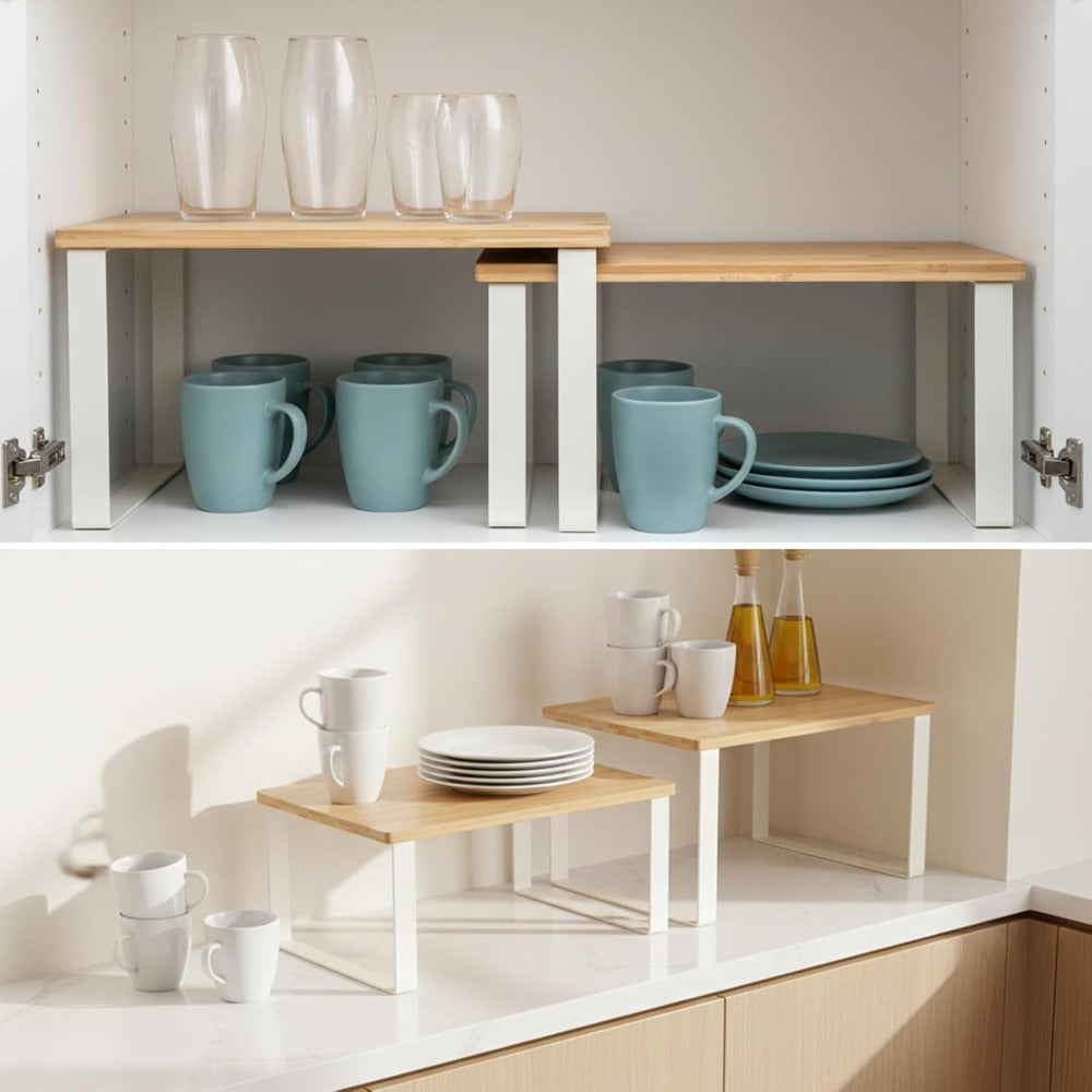 Spice Rack, Set of 2 Cupboard Shelf Organiser, Expandable Kitchen Shelf Organiser, Stackable Spice Holder,Multipurpose Storage for Spices, Dishes, Countertop Expansion