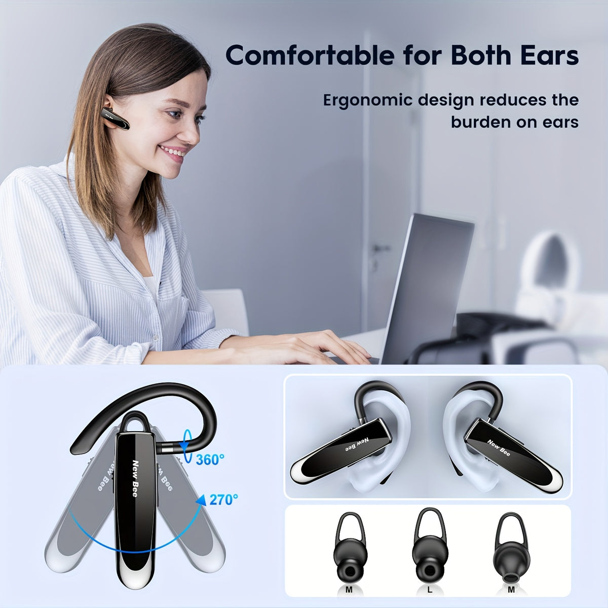 Bluetooth Headset with Wireless, Bee B41 Single-Ear Wireless Noise Cancelling - product gallery image 8