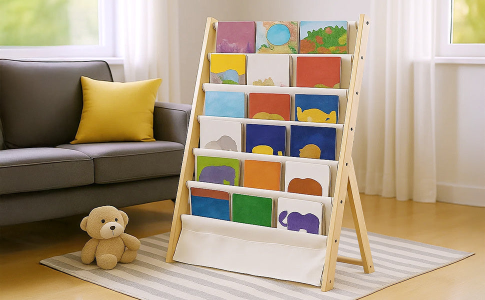 Bookshelf 7-Tier Fabric Deep Pockets Wood Frame with Space-Saving, Easy Assembly - product gallery image 12