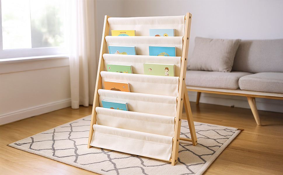 Bookshelf 7-Tier Fabric Deep Pockets Wood Frame with Space-Saving, Easy Assembly - product gallery image 14