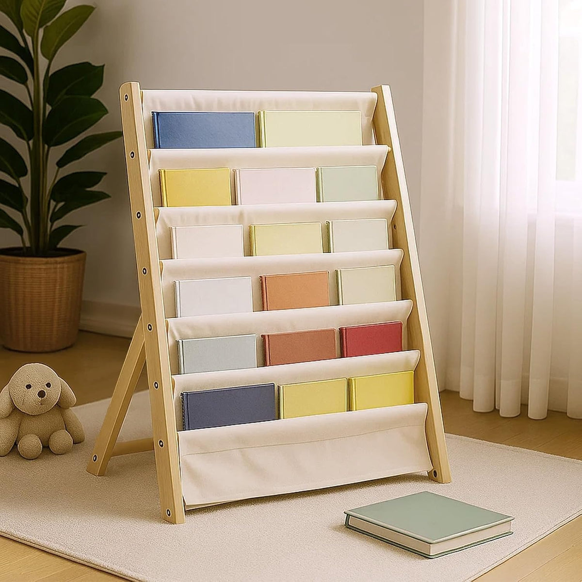 Bookshelf 7-Tier Fabric Deep Pockets Wood Frame with Space-Saving, Easy Assembly - product gallery image 2