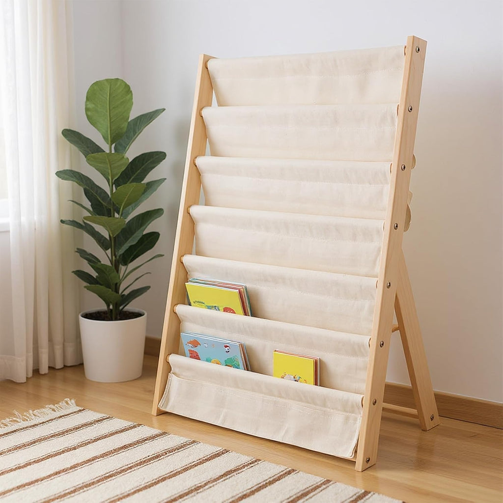Bookshelf 7-Tier Fabric Deep Pockets Wood Frame with Space-Saving, Easy Assembly - product gallery image 7