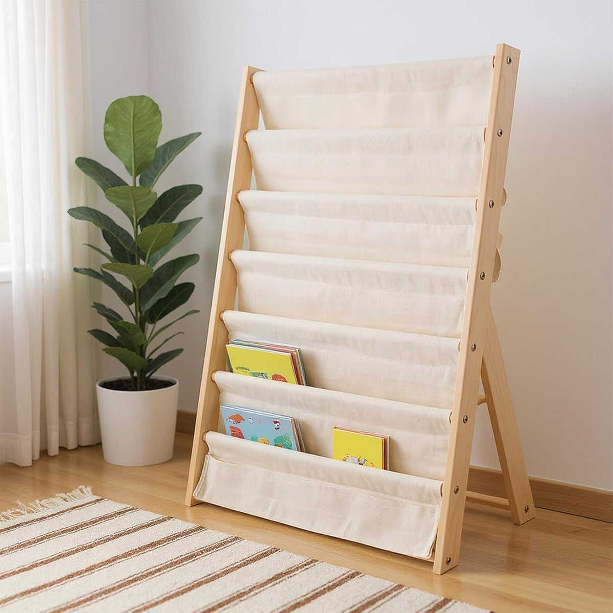 Bookshelf 7-Tier Fabric Deep Pockets Wood Frame with Space-Saving, Easy Assembly - product gallery image 7