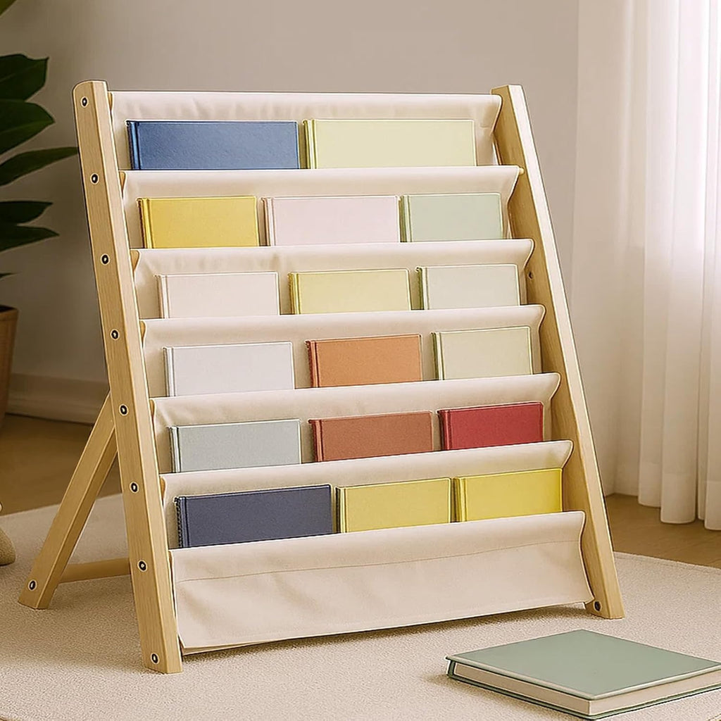Bookshelf 7-Tier Fabric Deep Pockets Wood Frame with Space-Saving, Easy Assembly - product gallery image 8