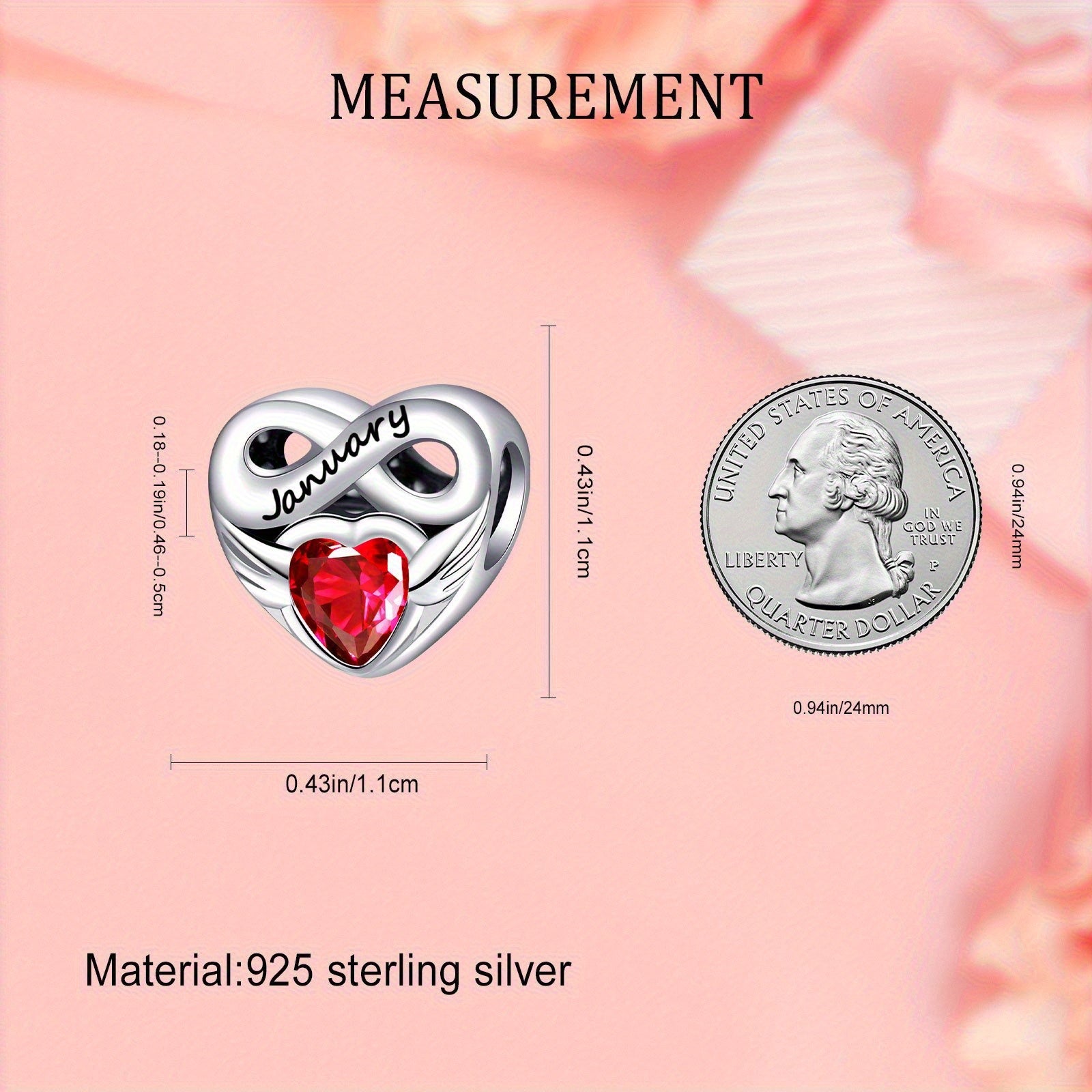 Bracelet Birthstone Angel Wing Heart Charm Pendant with Airtight, Sterling Silver - product gallery image 4