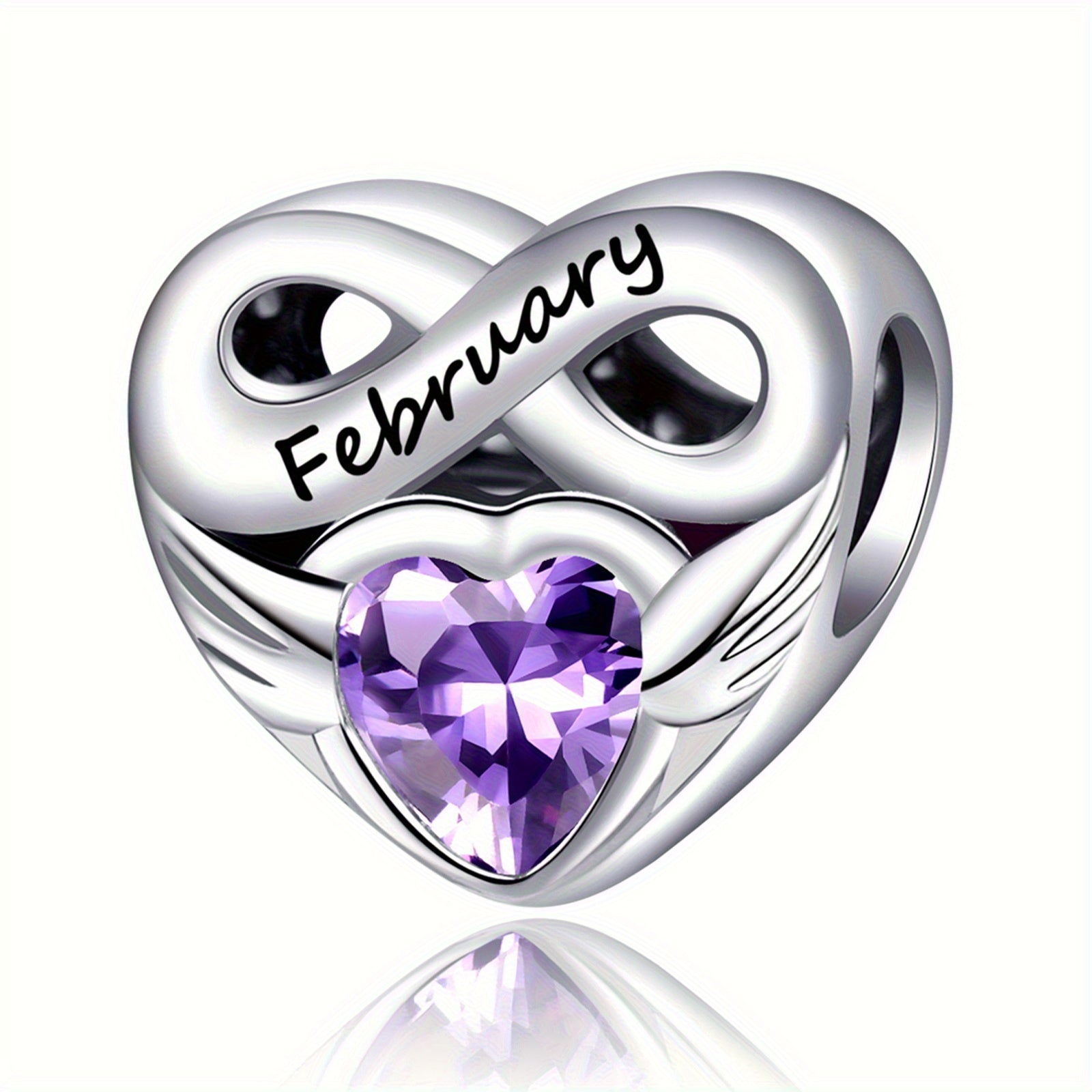 Bracelet Birthstone Angel Wing Heart Charm Pendant with Airtight, Sterling Silver - February Birthstone Charm option