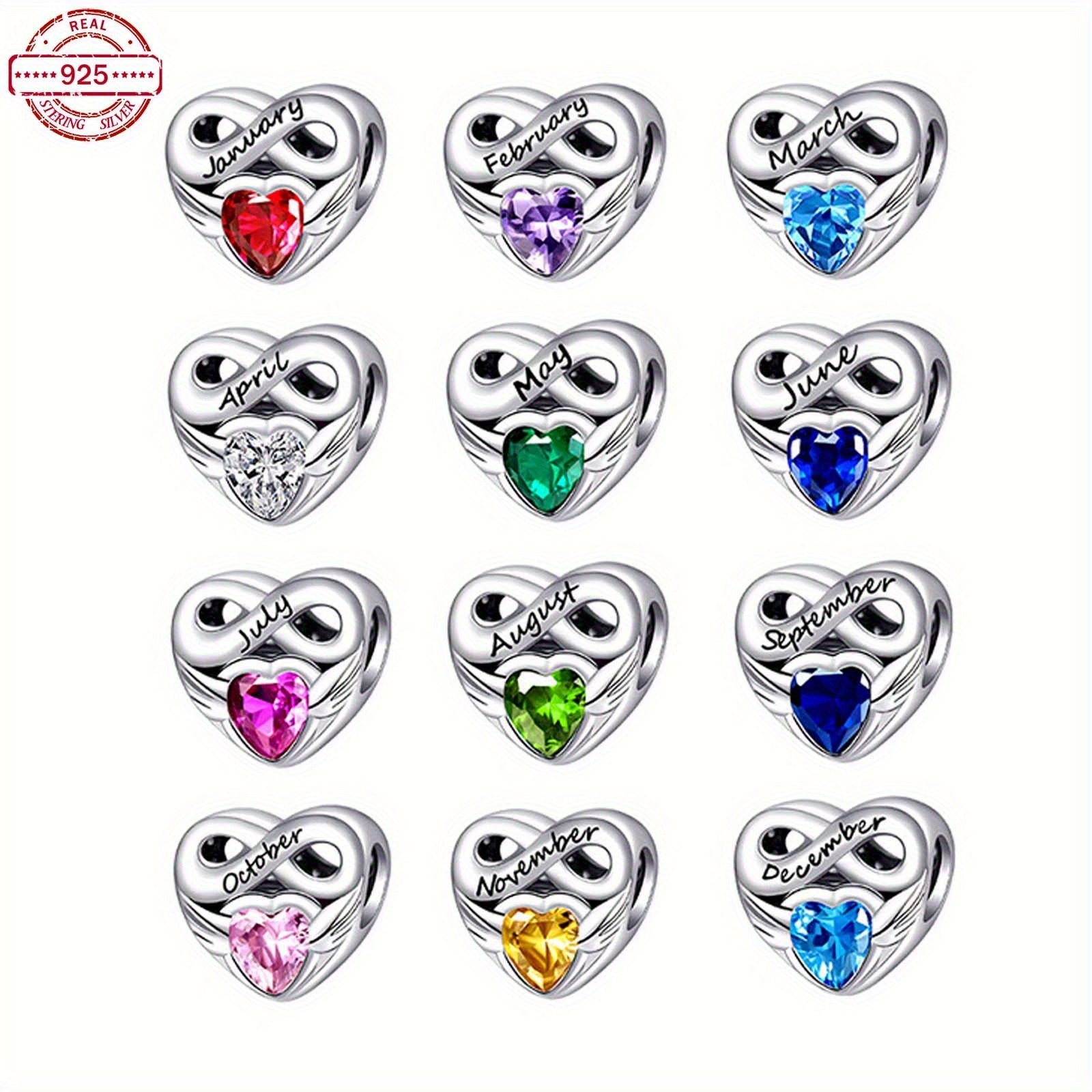 Bracelet Birthstone Angel Wing Heart Charm Pendant with Airtight, Sterling Silver