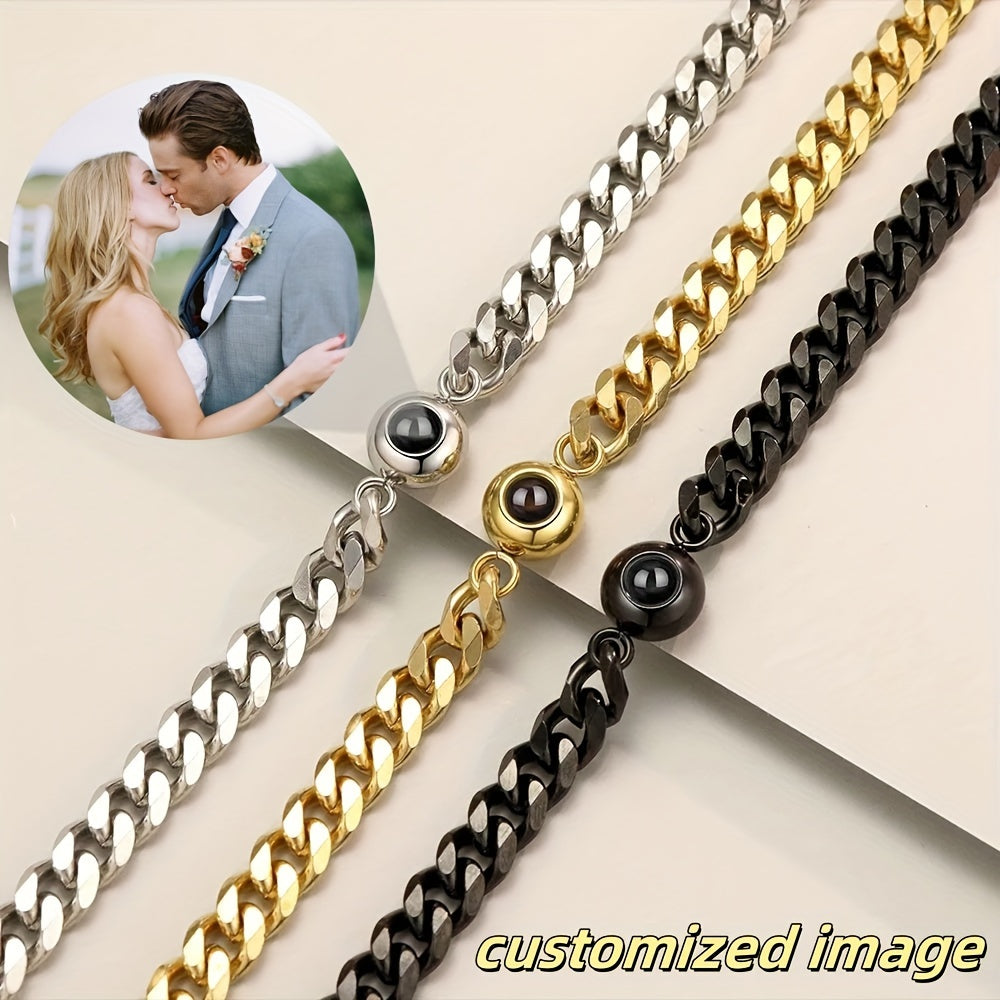 Bracelet Custom Photo Projection Stainless Steel Cuban with Waterproof, 17+5 cm/6.7+2 - product gallery image 2
