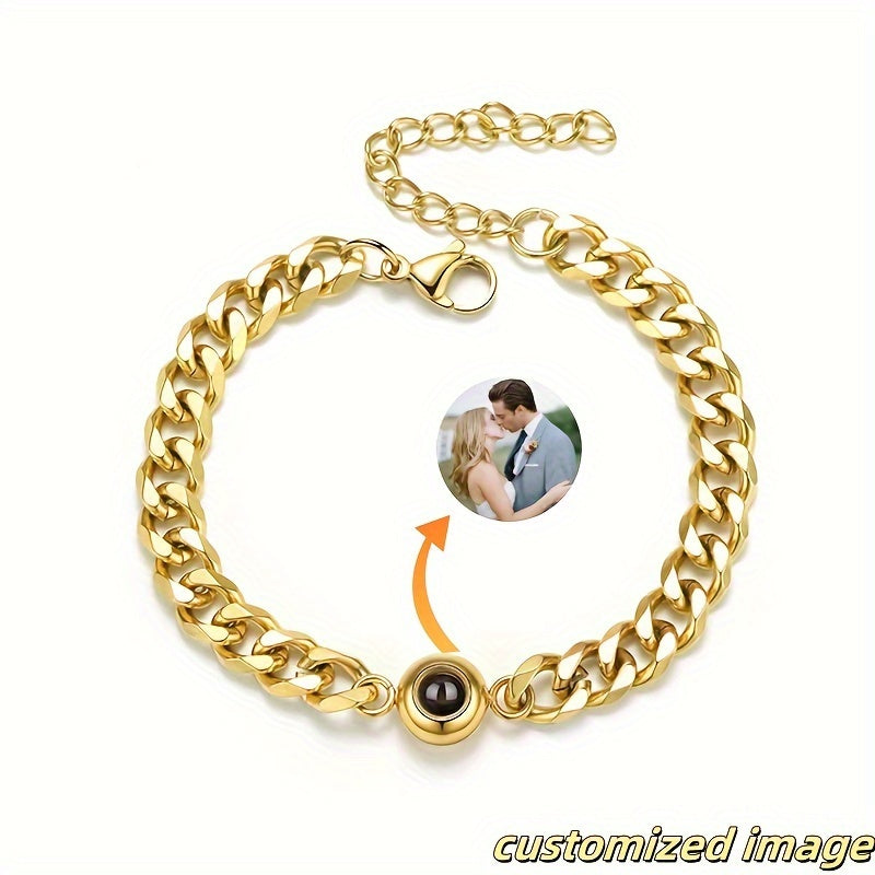 Bracelet Custom Photo Projection Stainless Steel Cuban with Waterproof, 17+5 cm/6.7+2 - Golden, 17+5 cm/6.7+2 in option