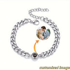 Bracelet Custom Photo Projection Stainless Steel Cuban with Waterproof, 17+5 cm/6.7+2 - Silvery, 17+5 cm/6.7+2 in option