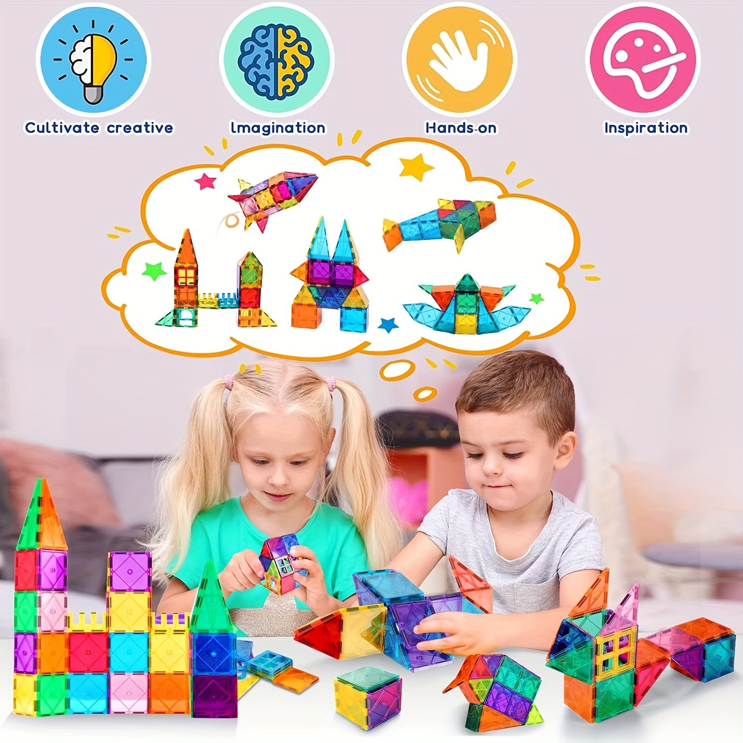 Building Toy with Plastic, Boy Girl, Magnetic Tiles Blocks Kids Colourful STEM - product gallery image 4