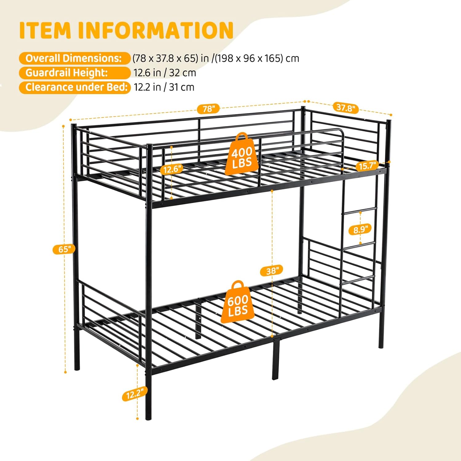 Bunk Bed with Metal, Adult Twin Over Twin Metal Frame - product gallery image 4
