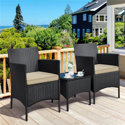 Costoffs Set of 3 Patio Table and Chairs, Outdoor Wicker Conversation Furniture Set, 2pcs Woven Rattan Chairs with Cushions and 1 Side Table