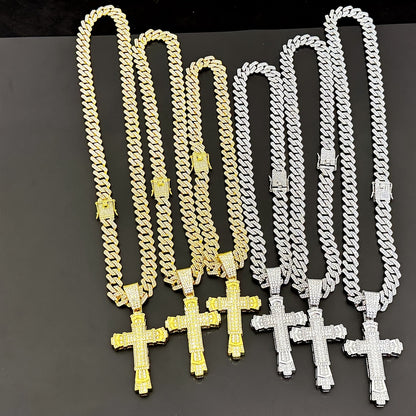 Hip-Hop Plus Size Large Pendant Full Rhinestones Double Layer Thickened Cross Hollow Buckle 14mm Wide Cuban Chain Necklace New Product Creative