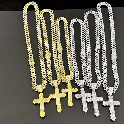 Hip-Hop Plus Size Large Pendant Full Rhinestones Double Layer Thickened Cross Hollow Buckle 14mm Wide Cuban Chain Necklace New Product Creative