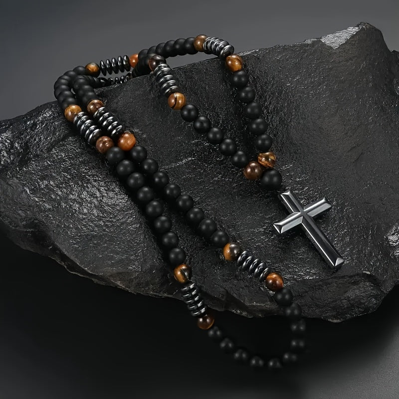 1pc FUTTMI Men's Natural Black Hematite Bead Necklace with Cross Pendant - 70cm/27.6in Heavy Duty Genuine Stone Prayer Beads, Christ Symbol for Christmas Gifts, Daily Wear & Religious