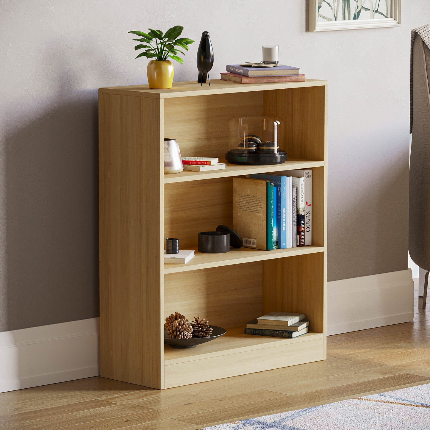 3-Tier Bokcase, Wooden 3 Tier Low Bookcase Wooden Shelving Display Storage Unit Home Office Living Room Bedroom Furniture