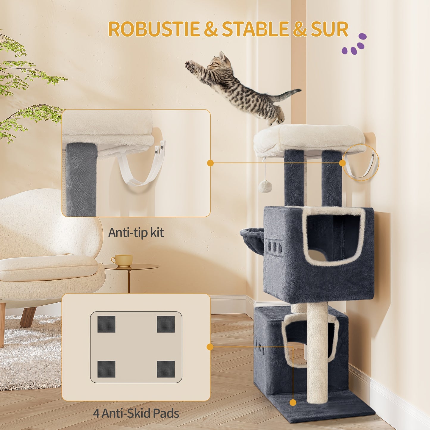 Cat Tree, Small Scratching Post, Multi-Storey Scratching Post with Perch, Cat House Furniture with 2 Caves, Sisal Cat Scratching Post, Hammock, 98 Cm