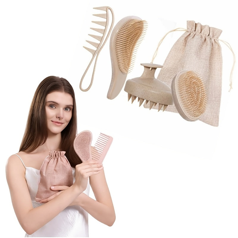 [Wedding Gift Give]Wheat Straw Hair Comb Set 5pcs -TT Massage Head Smooth Hair Comb, Soft Comb Teeth Smooth Hair Egg Comb, Wide Tooth Oil Hair Comb, Scalp Massage Shampoo Brush + Gift Bag Mother'S Day Gift for Girlfriend, Wife, Suitable for Men