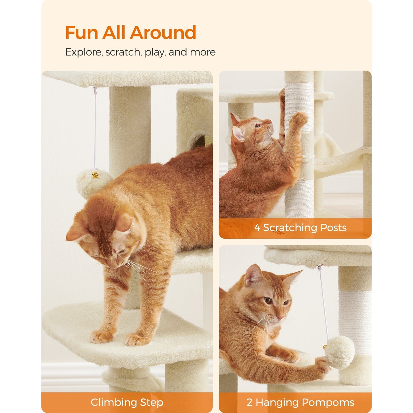 112 cm Cat Tree, Multi-Level Soft Plush Cat Tree, Cat Tower Condo with 4 Cat Scratching Posts, Hammock, Cave, Platform, Toys, Pink/White/Beige/Grey, Easy Assembly and Sturdy, Indoor Cat Furniture
