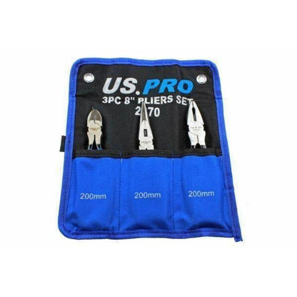 US PRO 8" 200mm 3pcs Plier Set, Side Cutter, Long Nose, Combination Pliers 2070