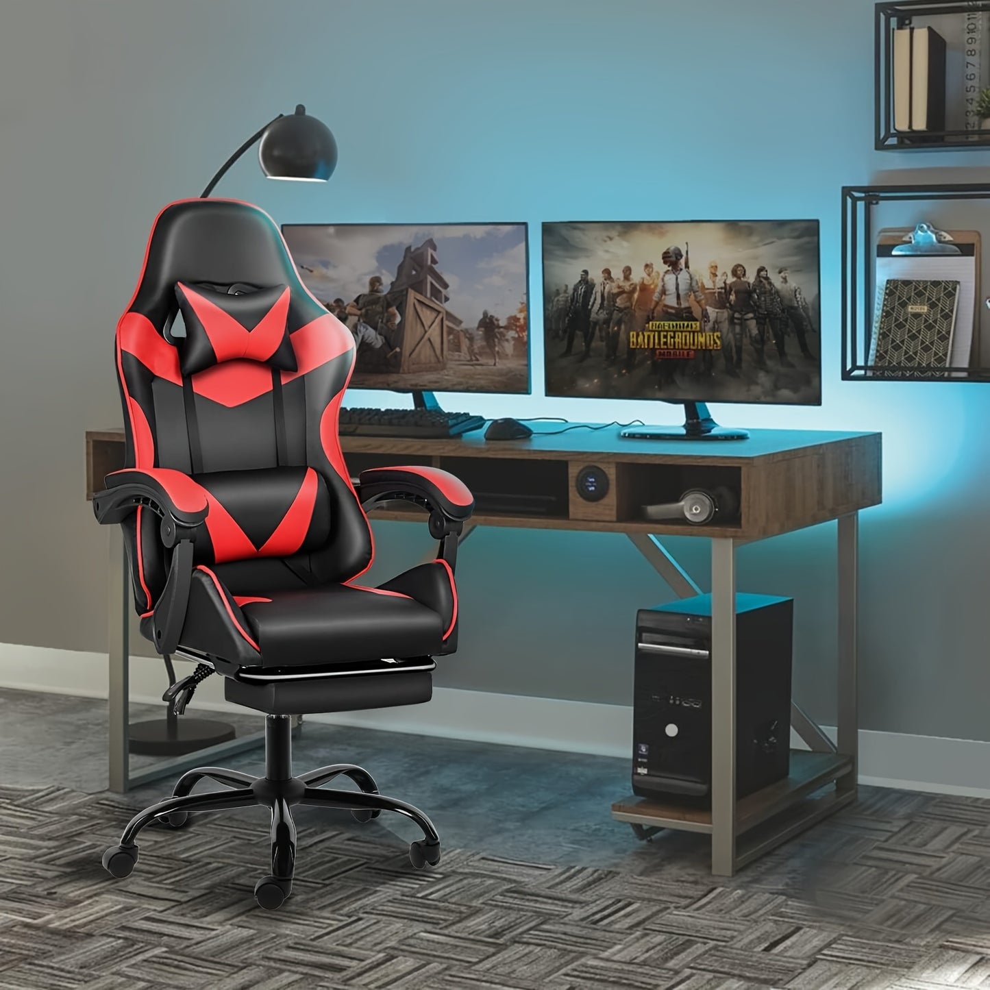 Gaming Chair for Adults with Footrest, Ergonomic Computer Chair with Massage Lumbar Support, Reclining Backrest, Swivel Office Gamer Chair with Headrest