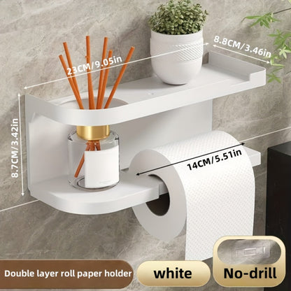 Wall-Mounted Toilet Paper Holder With Storage Shelf, No Drill Adhesive Installation, Bathroom Organizer - Space-Saving Tissue Roll Dispenser For Home Or Hotel Use
