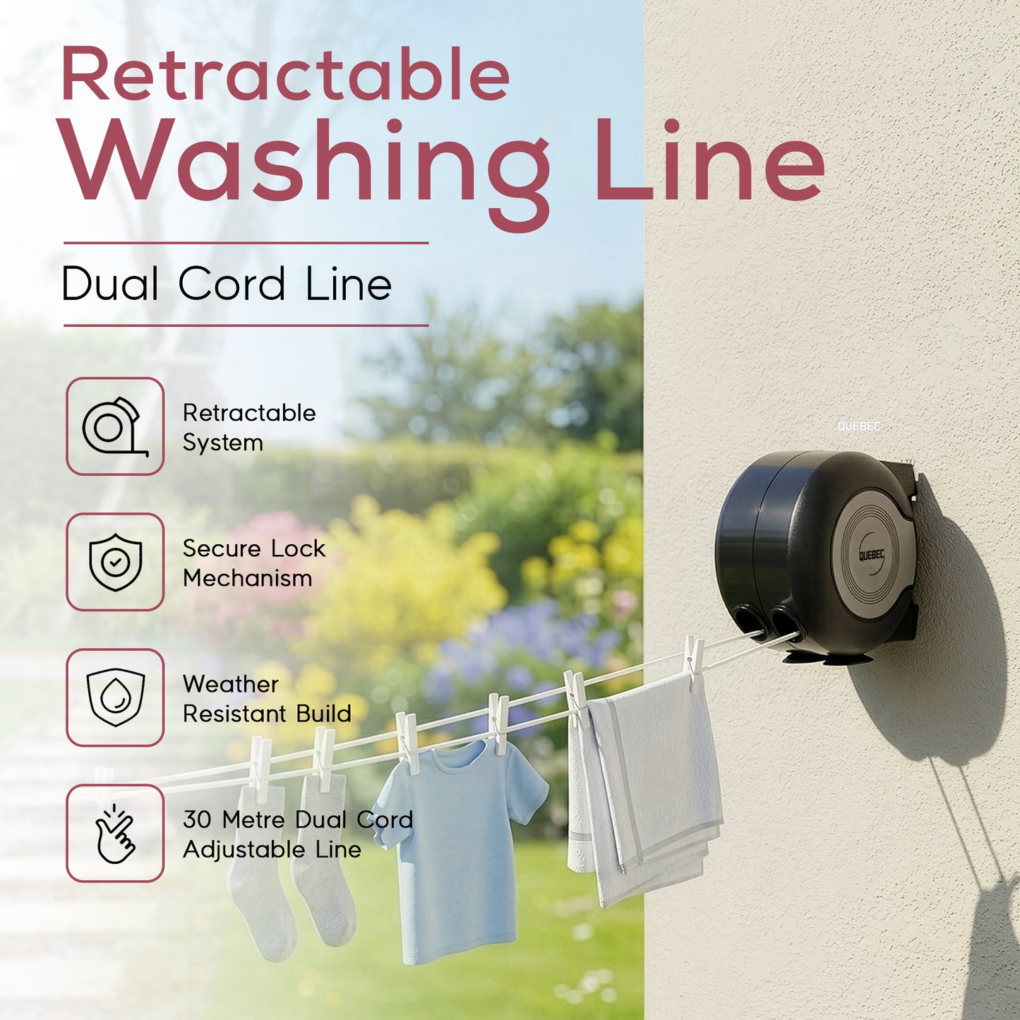 Quebec 15m Retractable Washing Line – Heavy Duty Wall Mounted Clothesline with Durable PVC Cover – Space-Saving Outdoor Laundry Drying Solution for Garden, Patio, and Balcony