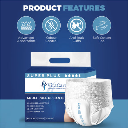 12 x Super Plus Absorbent Pants Women & Men | Adults Nappies | Advanced Absorption and Soft-Stretch Waistband | Adults Pull Up Pants | Waist Size Medium 65-135 cm | (1 Pack of 12)