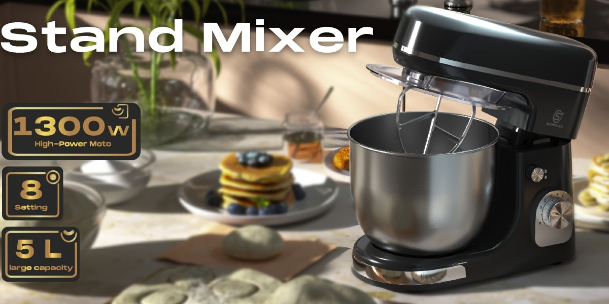 SUPERLEX 3-in-1 Stand Mixer 5L with 8 Speeds, Kitchen Machine with Pulse with Dough Hook, Whisk, Eggbeater Attachment for Baking Cake Bread 1300W
